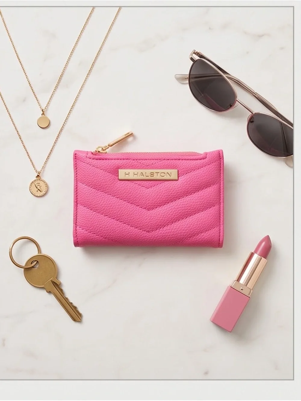 H by Halston Pink Quilted Leather Card Case with Gold Plaque